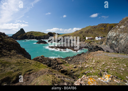 Camminando verso il basso nel popolare Kynance Cove su un cielo blu chiaro giorno Foto Stock