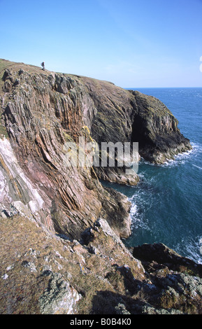 Rhins di Galloway Scotlands più a sud il punto Mull of Galloway, walker camminando lungo la cima della scogliera Scotland Regno Unito Foto Stock