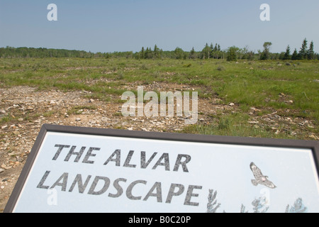 Un segno fornisce informazioni sull'alvar paesaggio della pianura Maxton di Drummond Island in Michigan s Penisola Superiore Foto Stock