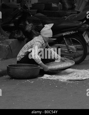 Gli operatori di mercato hanoi vietnam, di smistamento di riso Foto Stock