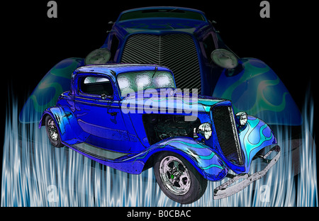 Illustrazione di un blu 1934 5 finestra Ford Coupe con un mostro immagine fantasma dietro di essa e blue flames proveniente dal di sotto Foto Stock