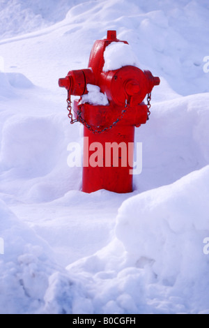 Americana tradizionale rosso brillante idrante di fuoco in piedi nella neve di West Yellowstone usa Foto Stock