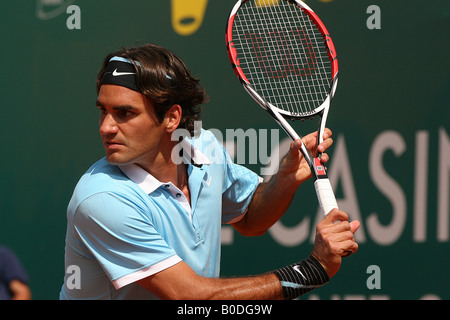 Roger Federer in azione, ATP Masters Series nel Principato di Monaco Foto Stock