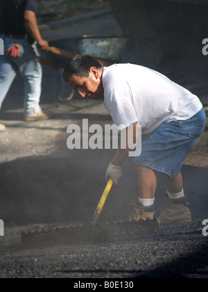 Giorno operaio spargimento su asfalto appena costruito passo carraio Foto Stock