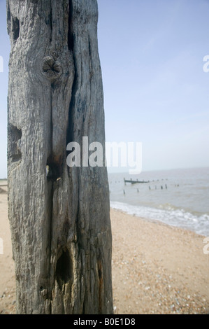 Palo di legno sulla spiaggia a Seasalter Kent Foto Stock