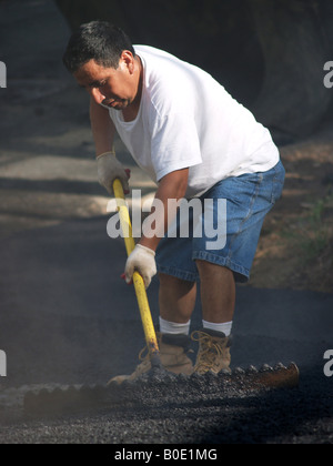 Giorno operaio spargimento su asfalto appena costruito passo carraio Foto Stock