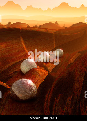 Alien serre sul paesaggio marziano Foto Stock