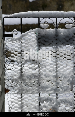 Cancellata in ferro battuto ricoperto di neve con la luce del sole dando insolito patters Foto Stock