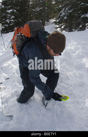 Recupero valanga- backcountry rider utilizzando un faro e una sonda in pole nella neve alla ricerca di una vittima sepolta Foto Stock