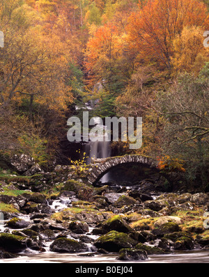 La cascata e ponte packhorse in Glen Lyon, Breadalbane, Perthshire, Scotland, Regno Unito. Foto Stock