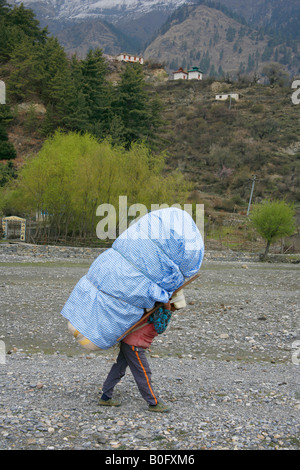 I facchini che trasportano carichi pesanti sul loro retro annapurna nepal Foto Stock