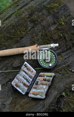 Una pesca a mosca insieme di affrontare, con asta, aspo e una scatola di mosche assortite a secco e a umido per la pesca. Foto Stock