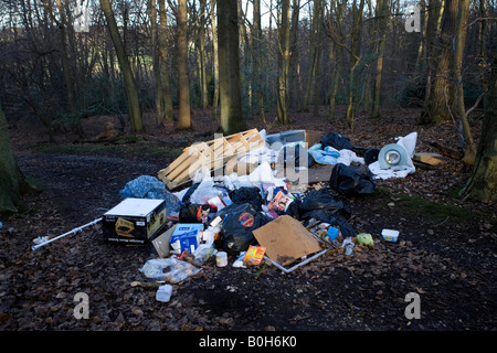 Illegalmente casa di dumping garbage in un bosco foresta Medmenham esterno nel Buckinghamshire, Inghilterra. Foto Stock