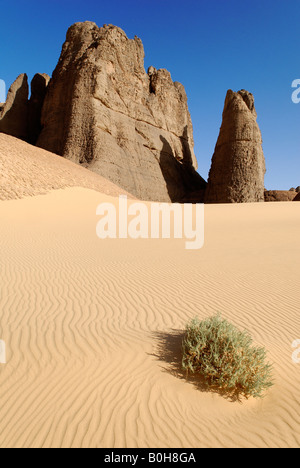 Ha eroso le formazioni rocciose che si innalzano al di fuori dell dune di sabbia del deserto, ondulazioni in Tin Akachaker, Tassili du Hoggar, Wilaya Tamanrasset, Sahara Foto Stock