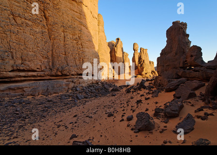 Le formazioni rocciose in El Ghessour, Tassili du Hoggar, Wilaya Tamanrasset, il Deserto del Sahara, Algeria, Nord Africa Foto Stock