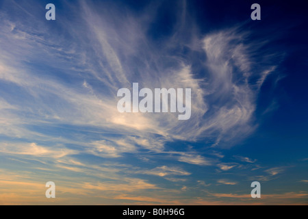 Inverno Cirrus Uncinus trail nubi in un profondo blu cielo polarizzato Foto Stock