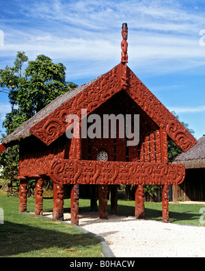 Maori elaborati intarsi in legno in Whakarewarewa, Rotorua, Isola del nord, Nuova Zelanda Foto Stock