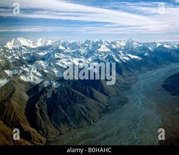 Mt. Aoraki, il monte Cook ed il Monte Tasman, antenna shot, lato nord, dal Parco Nazionale Aoraki/Mount Cook, Alpi del Sud, Sud dell'isola, Foto Stock