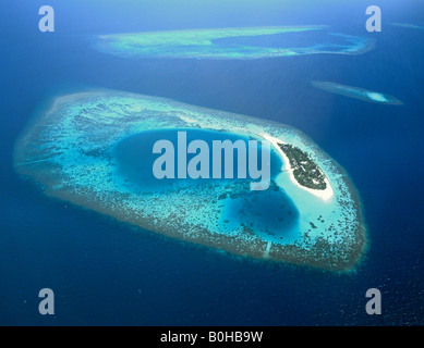 Isola di Bathala, vista aerea, atollo di Ari, Maldive, Oceano Indiano Foto Stock