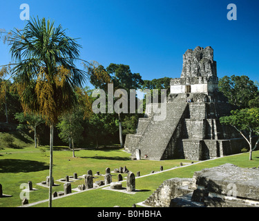 I resti di un tempio di Tikal, piramide Maya, Guatemala, America Centrale Foto Stock