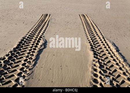 Veicolo AWD tracce di pneumatici a fermarsi nella sabbia, spiaggia sulla costa del Mare del Nord, Zoutelande, Walcheren, Zeeland, Paesi Bassi Foto Stock