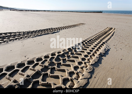 Veicolo AWD tracce di pneumatici a fermarsi nella sabbia, spiaggia sulla costa del Mare del Nord, Zoutelande, Walcheren, Zeeland, Paesi Bassi Foto Stock