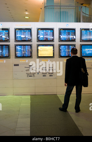 Schermo con informazioni voli nel Terminal 2, Aeroporto Internazionale Charles de Gaulle di Parigi, Francia, Europa Foto Stock