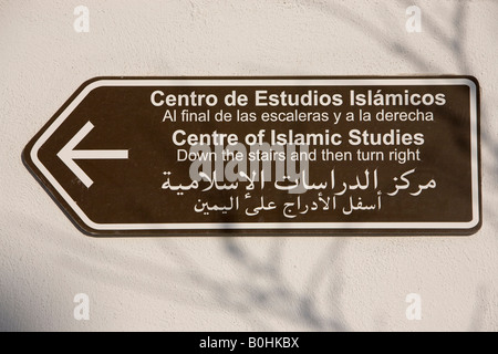 Segno, Centro di Studi Islamici presso la moschea di El Albayzín o quartiere Albaicín di Granada, Andalusia, Spagna Foto Stock