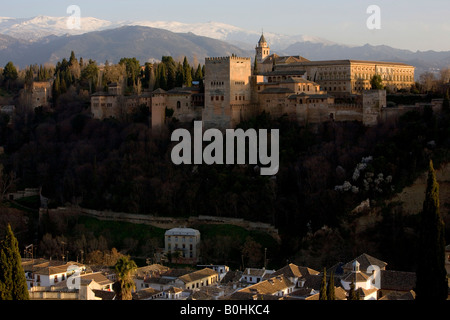 In stile moresco Alhambra Palace, Sierra Nevada sul retro, visto Dal Mirador San Nicolas in El Albayzín o quartiere Albaicín di G Foto Stock