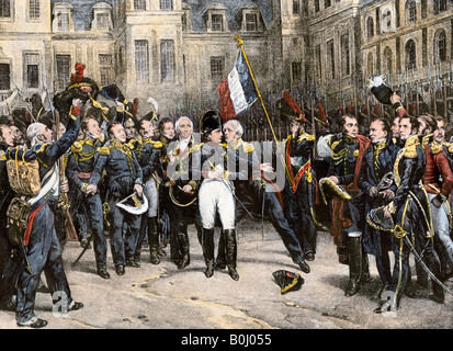 Napoleone si congeda la Guardia Imperiale a Palazzo Fontainebleau 1814. Colorate a mano l'incisione Foto Stock