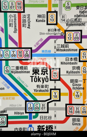 Dettaglio della Tokyo metropolitana mappa nella stazione, Giappone Foto Stock