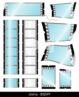 Illustrazione Vettoriale di molte fotocamere di diverse pellicole in tag di adesivo e forme ondulate Foto Stock