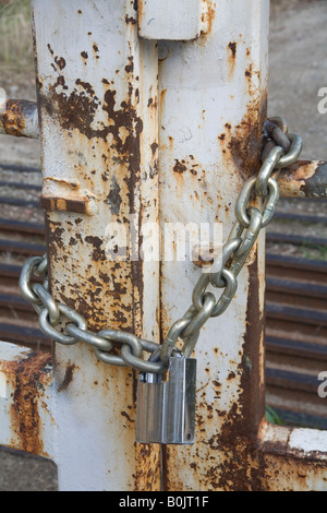 Catena e un lucchetto intorno robusto metallo arrugginito cancello Foto Stock