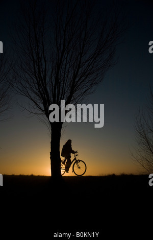 Ciclista durante il sorgere del sole Foto Stock