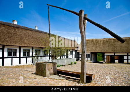 Vecchia fattoria con il tetto di paglia Foto Stock