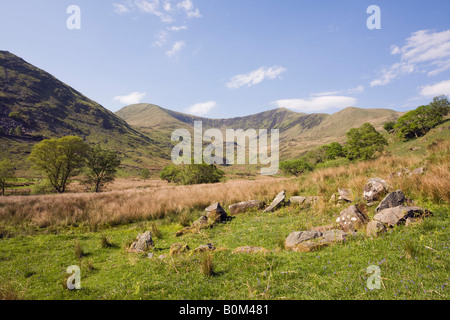 Welsh rurale valle nel Parco Nazionale di Snowdonia con Nantlle Ridge Mountains al di là. Cwm Pennant Gwynedd North Wales UK Foto Stock
