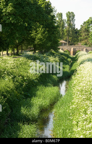 Il fiume Kennet e la medievale Packhorse Bridge, Moulton, vicino a Newmarket, Suffolk Foto Stock