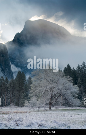 Nuvole sulla mezza cupola all'alba dopo la primavera tempesta di neve Yosemite Valley Yosemite National Park in California Foto Stock