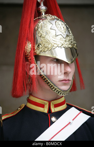 La città di Westminster, Inghilterra. Regina della Guardia di sentinella a Whitehall e la sfilata delle Guardie a Cavallo. Foto Stock