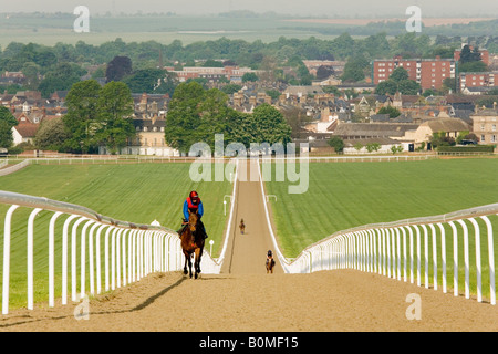 Ai cavalli da corsa e dei loro fantini salire la heath, Newmarket galoppa, Newmarket, Suffolk, Inghilterra Foto Stock