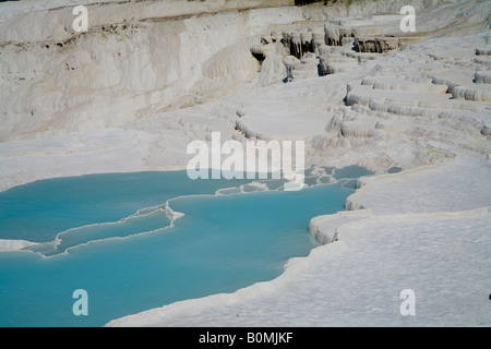 Il blu intenso di acqua su terrazze, Pamukkale Foto Stock