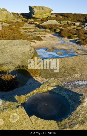 Il percorso attraverso il Derwent bordo con una vaschetta circolare di ghiaccio in primo piano. Queste pietre sono al di sopra del serbatoio Ladybower. Foto Stock