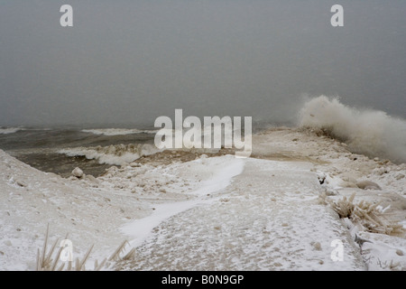 Congelati a riva del lago Ontario durante una violenta bufera di neve e ghiaccio onde che si infrangono cielo grigio sfondo Foto Stock