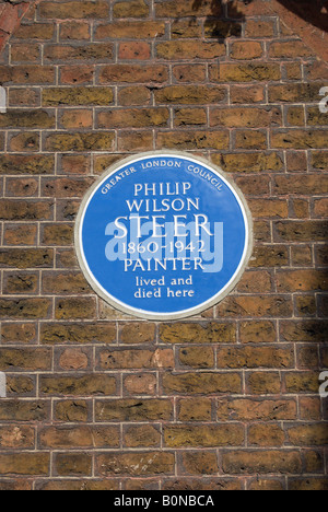 Greater London consiglio targa blu segnando un ex casa di artista Philip Wilson STEER, in cheyne walk, a Chelsea, Londra Foto Stock