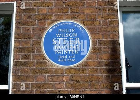 Greater London consiglio targa blu segnando un ex casa di artista Philip Wilson STEER, in cheyne walk, a Chelsea, Londra Foto Stock