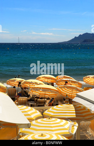 Vista sulla spiaggia dalla Croisette a Cannes Francia Foto Stock