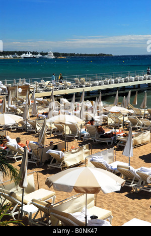 Vista sulla spiaggia dalla Croisette a Cannes Francia Foto Stock