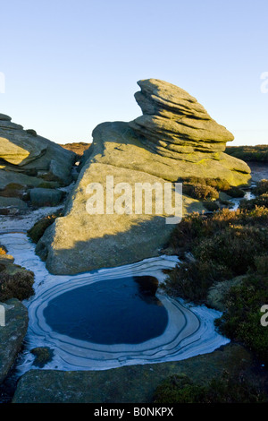 Rocce sulla Derwent bordo con una piscina blu del ghiaccio cerchiati in primo piano le ombre. Presa all'alba sopra il serbatoio Ladybower. Foto Stock