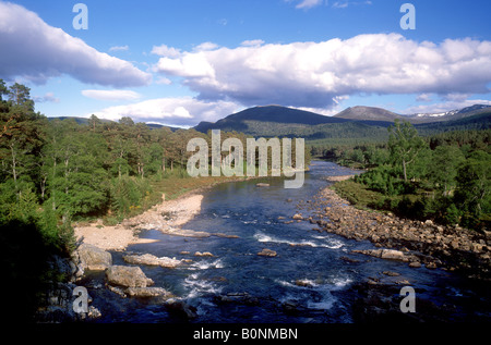 Il pittoresco fiume Dee visto dal vecchio ponte di Dee a Invercauld vicino a Braemar Foto Stock