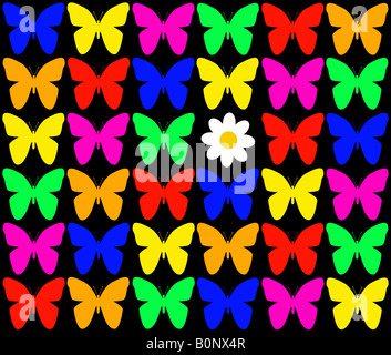 Daisy e farfalle su uno sfondo nero illustrazione Foto Stock